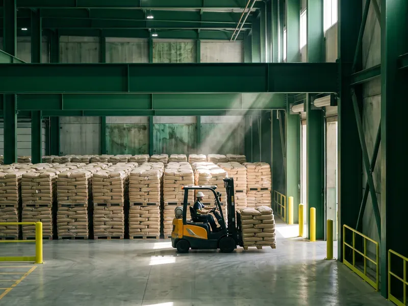 A forklift moving sealed bags in a large fertiliser dispatch hall