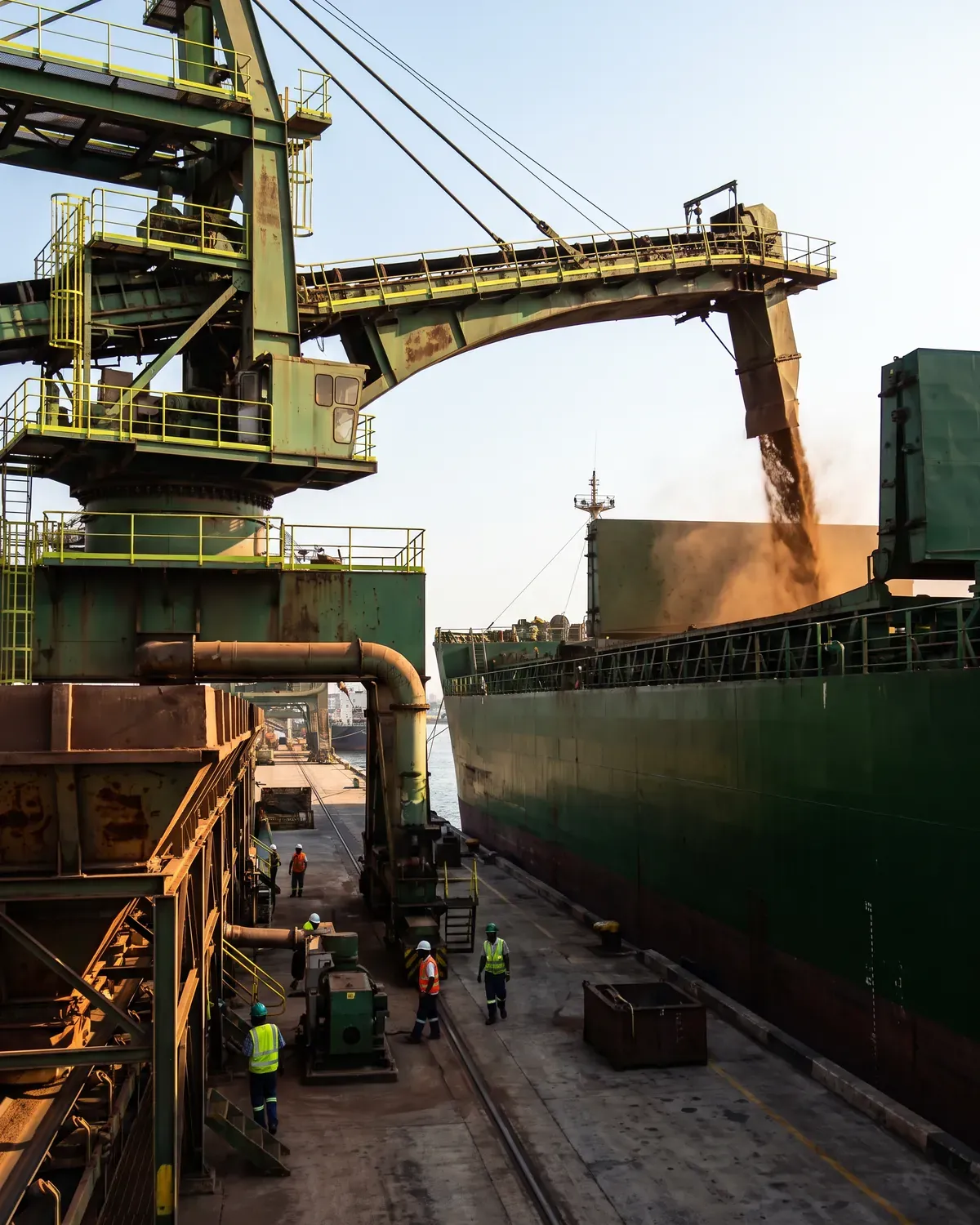 A bulk carrier being loaded by a ship loader at a deep-water port